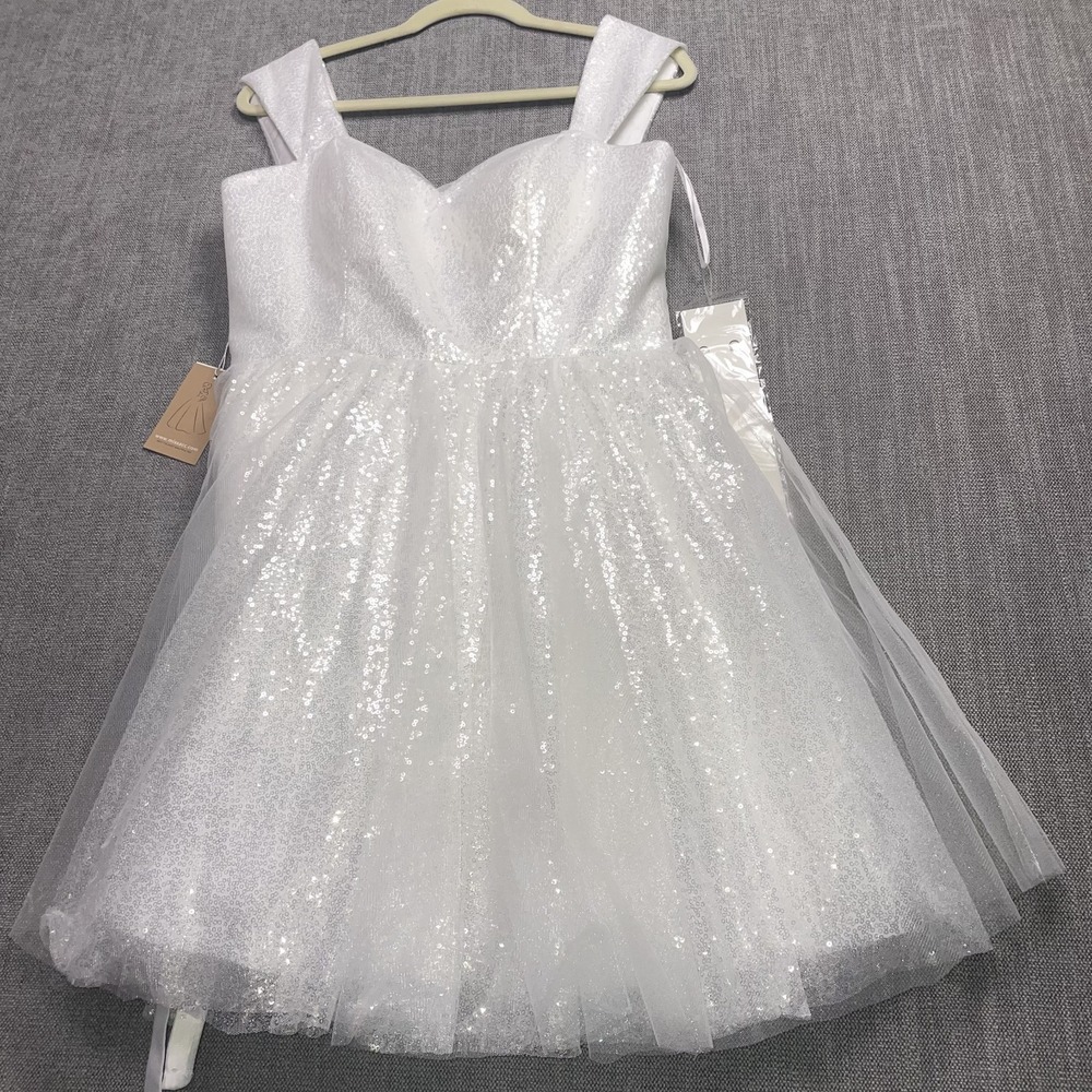 MISSACC Womens White Sequin Sweetheart Mini Wedding Dress Sleeveless Short M